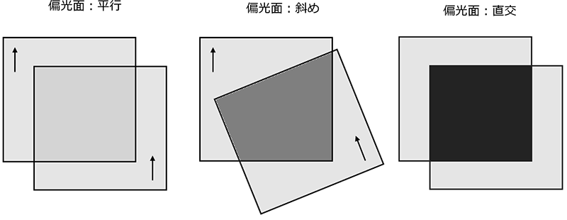 2枚の偏光板の偏光面が平行の場合、斜めの場合、直交している場合の比較