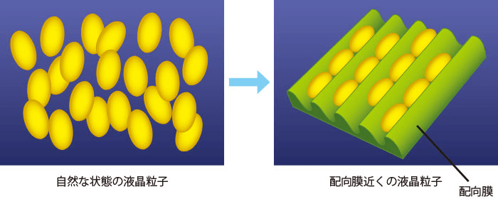 自然な状態の液晶粒子と、配向膜近くの液晶粒子のイメージ画像