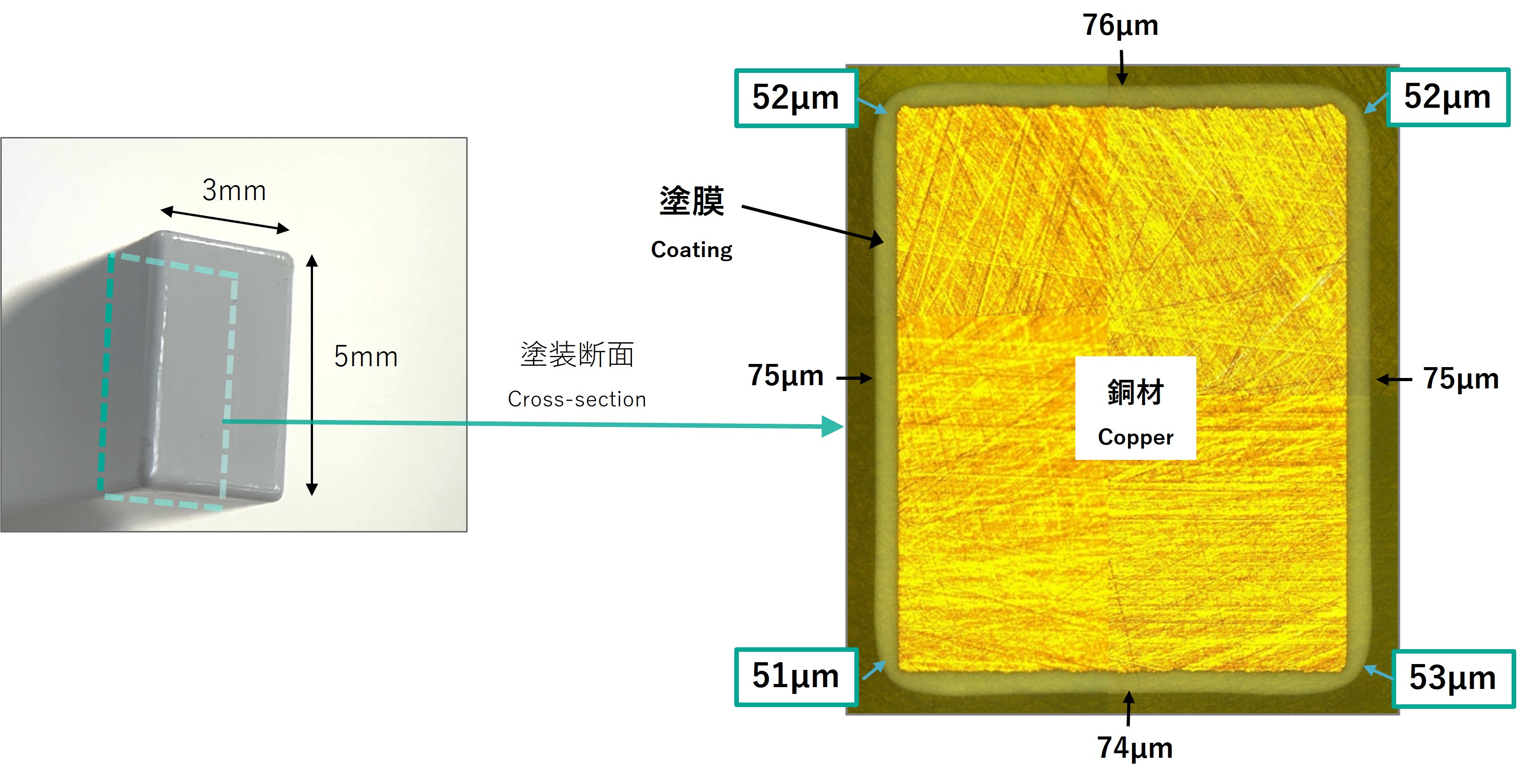Coating thickness distribution of the edge when electrodeposition paint is applied to copper square wood.