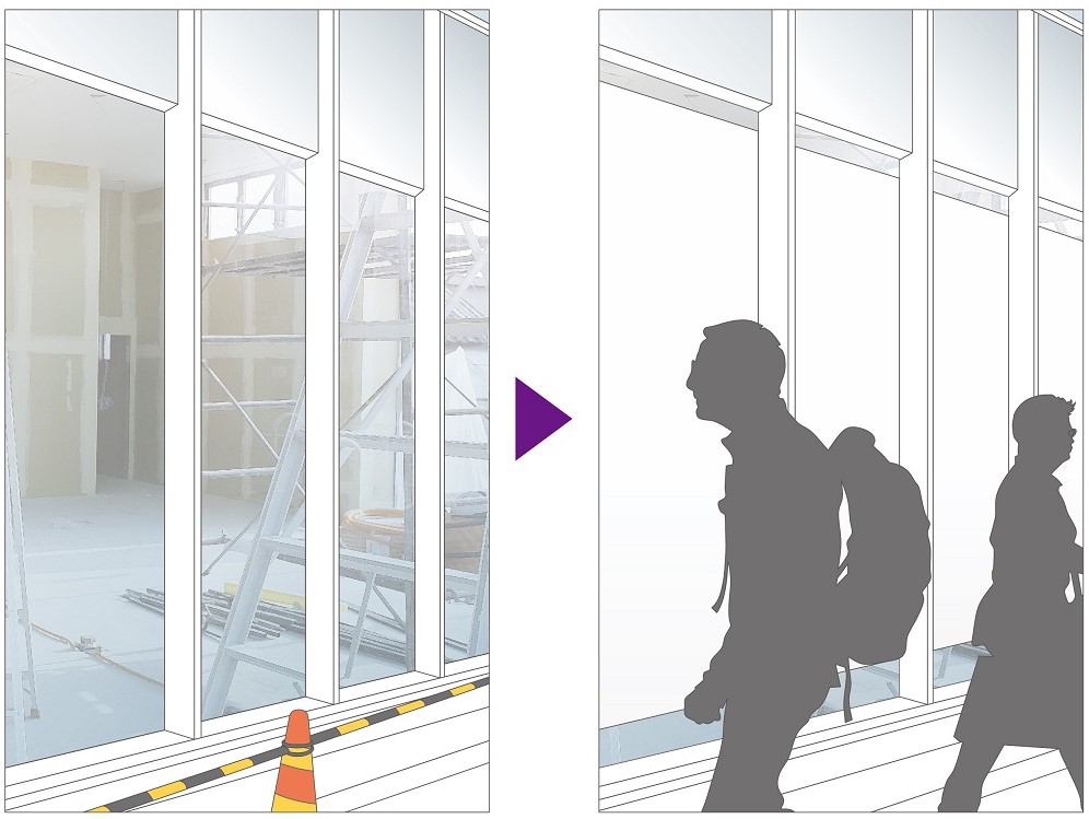 ガラスに貼る目隠し（工事中→目隠し）