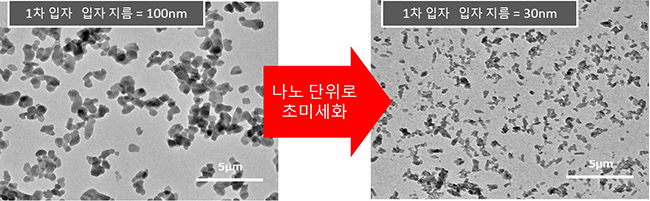 안료를 나노 단위까지 초미세화 시킬 수 있는 기술에 의해 입경 30nm가 된 TEM의 이미지