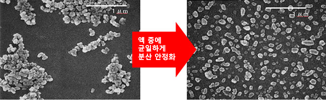 안료 입자를 액체 안에 균일하게 분산시킨 TEM의 이미지