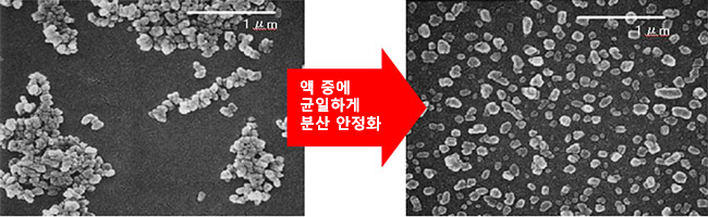 안료 입자를 액체 안에 균일하게 분산시킨 TEM의 이미지 