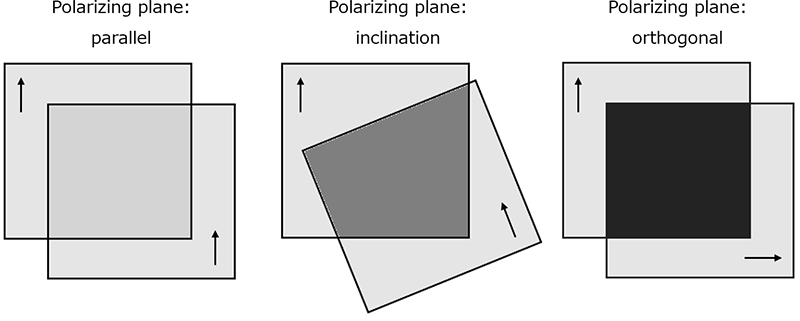 2장의 편광판의 편광면이 평행할 경우와 비스듬한 경우, 직교일 경우를 비교