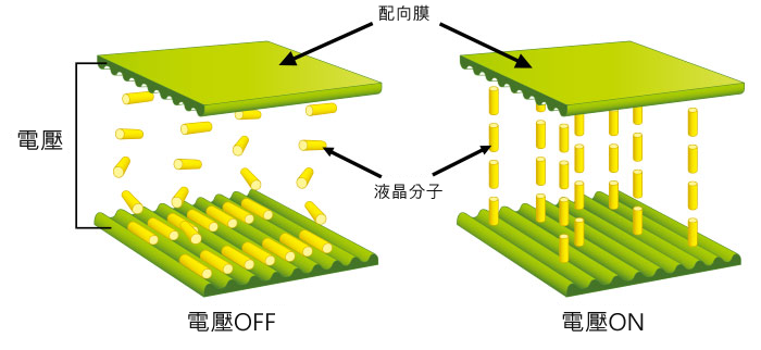 液晶分子排列變化的示意圖