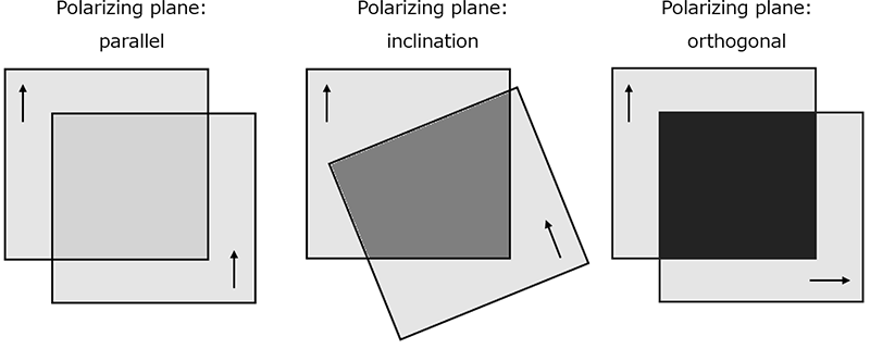 兩片偏光片的偏光面平行時、傾斜時、垂直交叉時的比較